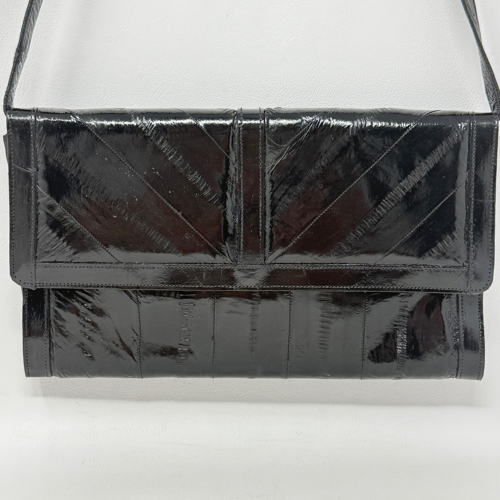 Vtg 80s 90s Black Eelskin Shoulder Bag Clutch Money Preppy Tailored Chic Luxury